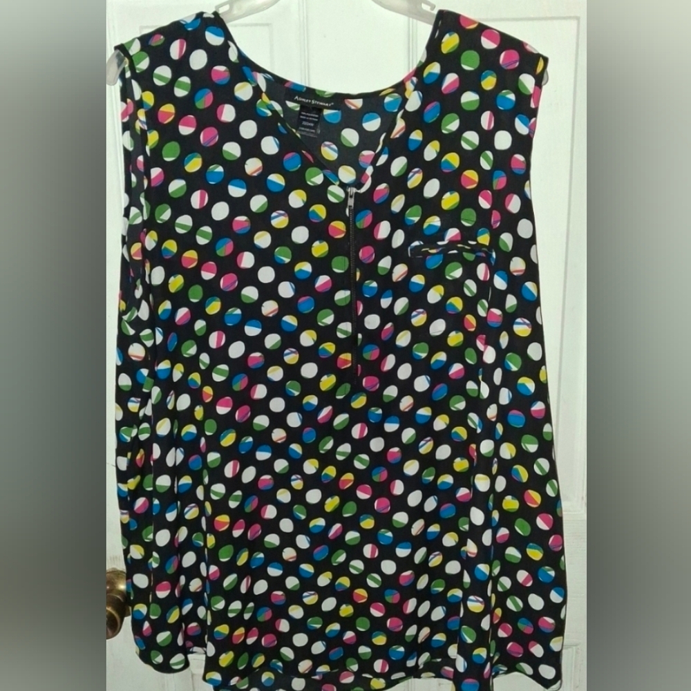 Ashley Stewart Women's Sleeveless Black w/Colorful Polka Dot Blouse. Size 22/24W